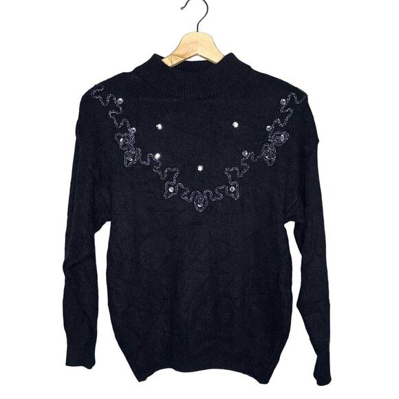 Vintage Sweaters - Glitz Vintage Silk Blend Beaded/Embroidered Mock Neck Sweater Black Size Large
